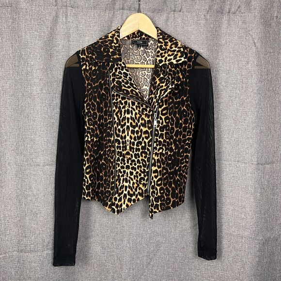 Have Tops - Leopard Print Cropped Shirt Top Zipper Sheer Sleeves Edgy Rocker Chic Glam S